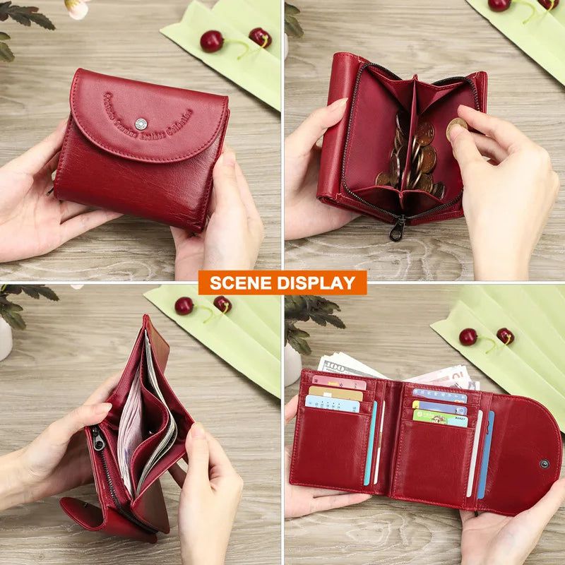 Chic RFID-Blocking Genuine Leather Wallet for Women - Stylish Short Cowhide Three-Fold Purse with Zipper Closure