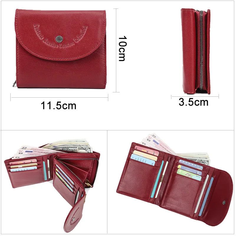 Chic RFID-Blocking Genuine Leather Wallet for Women - Stylish Short Cowhide Three-Fold Purse with Zipper Closure