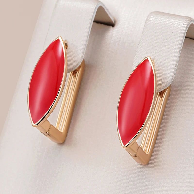 Chic Red Enamel Geometric Drop Earrings in 585 Rose Gold Finish