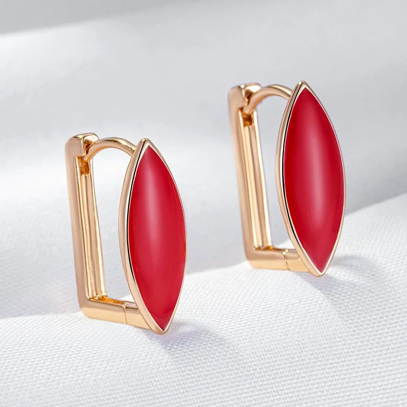 Chic Red Enamel Geometric Drop Earrings in 585 Rose Gold Finish