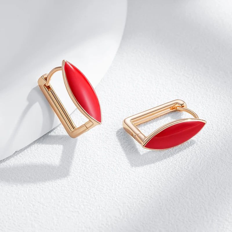 Chic Red Enamel Geometric Drop Earrings in 585 Rose Gold Finish