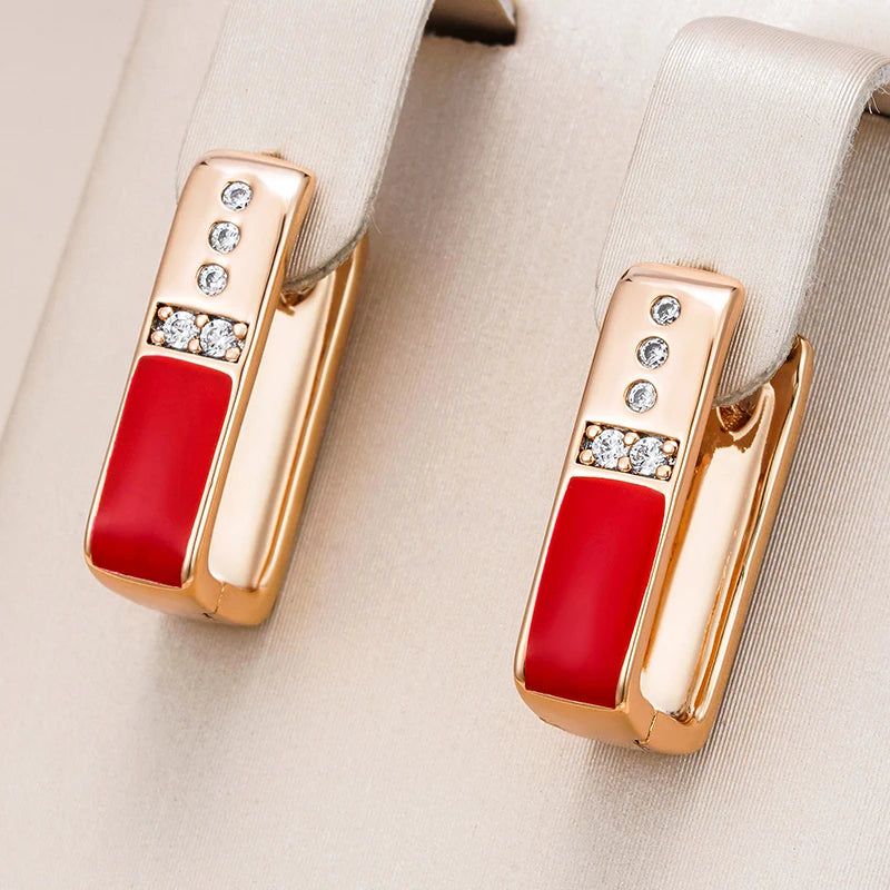 Chic Red Enamel Geometric Drop Earrings in 585 Rose Gold with Natural Zircon Accents