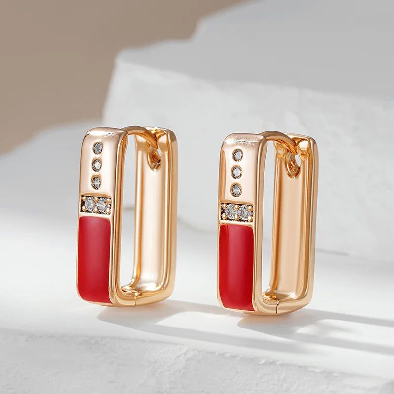 Chic Red Enamel Geometric Drop Earrings in 585 Rose Gold with Natural Zircon Accents