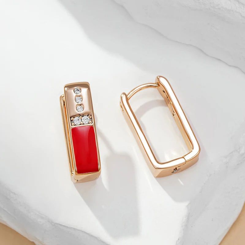 Chic Red Enamel Geometric Drop Earrings in 585 Rose Gold with Natural Zircon Accents