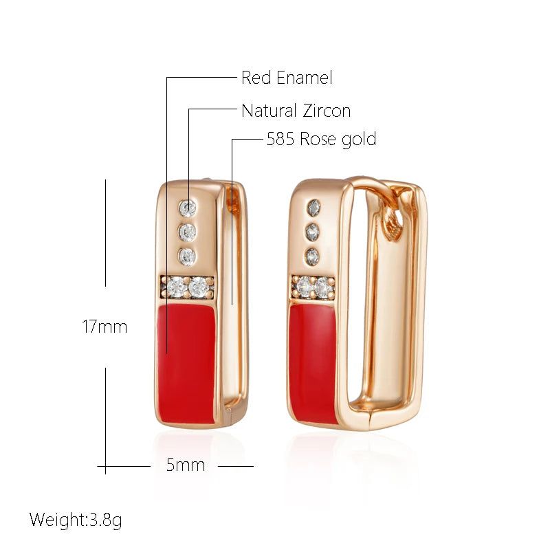 Chic Red Enamel Geometric Drop Earrings in 585 Rose Gold with Natural Zircon Accents