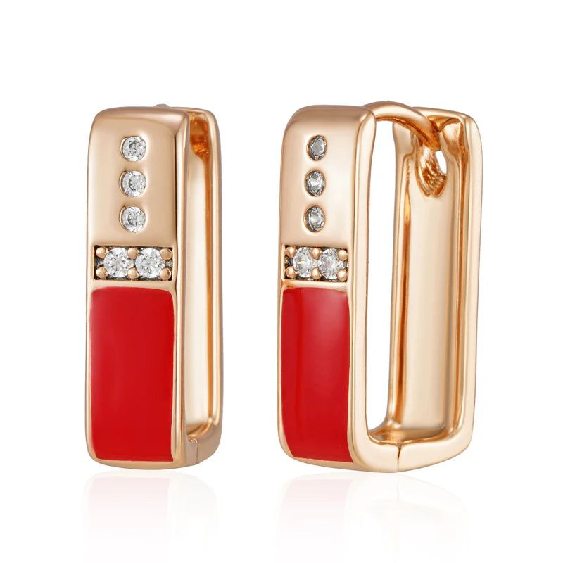 Chic Red Enamel Geometric Drop Earrings in 585 Rose Gold with Natural Zircon Accents