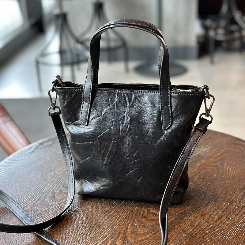 Chic Retro Genuine Leather Pleated Crossbody Handbag for Women