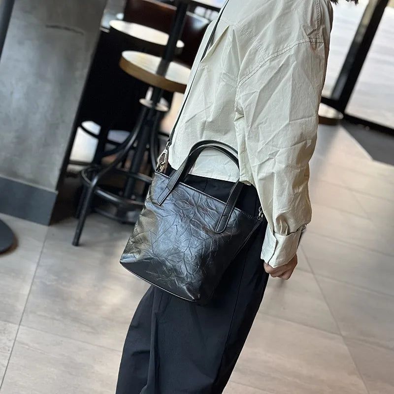 Chic Retro Genuine Leather Pleated Crossbody Handbag for Women