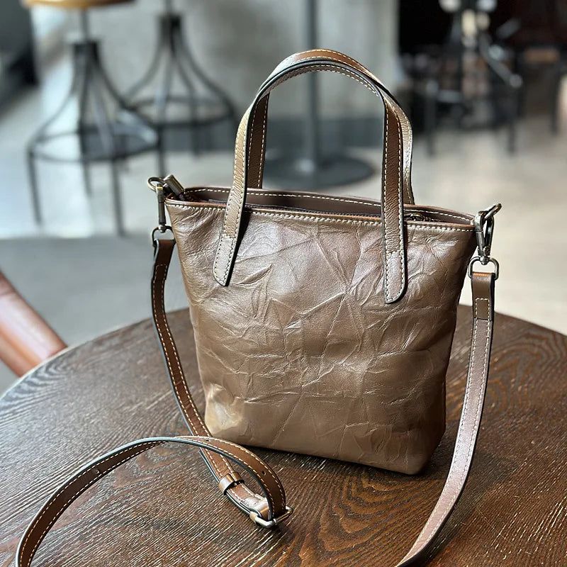 Chic Retro Genuine Leather Pleated Crossbody Handbag for Women