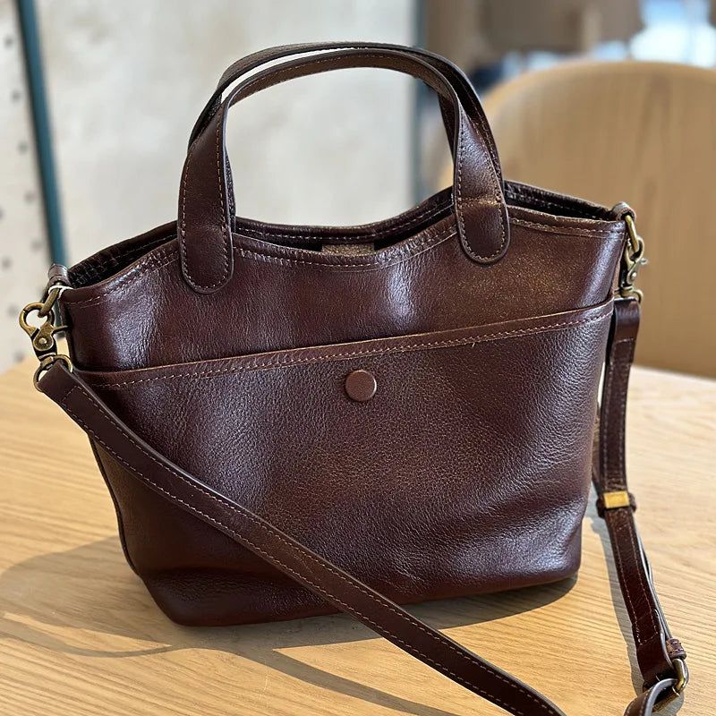 Chic Retro Genuine Leather Shoulder Handbag - Spacious Commuter Bag for Women