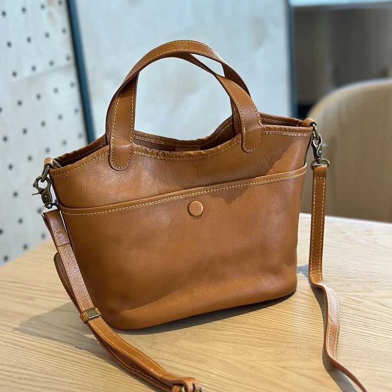 Chic Retro Genuine Leather Shoulder Handbag - Spacious Commuter Bag for Women