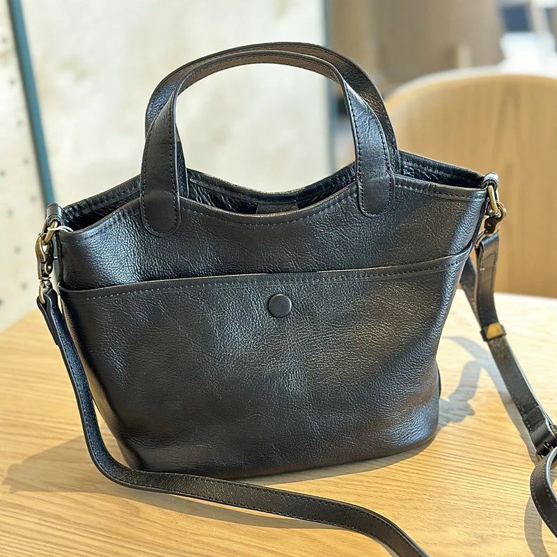 Chic Retro Genuine Leather Shoulder Handbag - Spacious Commuter Bag for Women