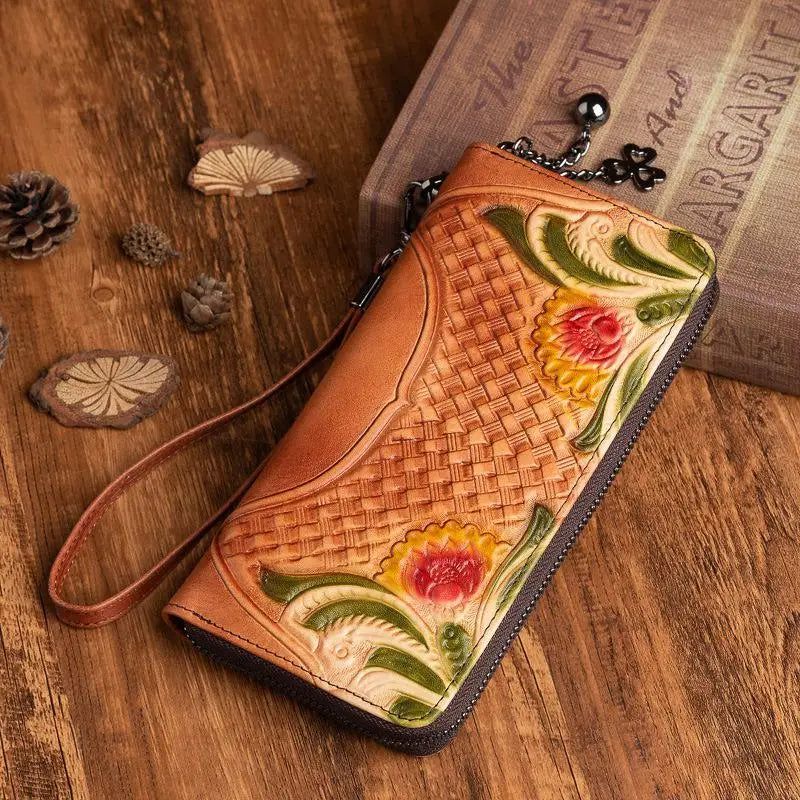 Chic Retro Genuine Leather Wallet for Women - Handmade Embossed Card Holder and Phone Purse