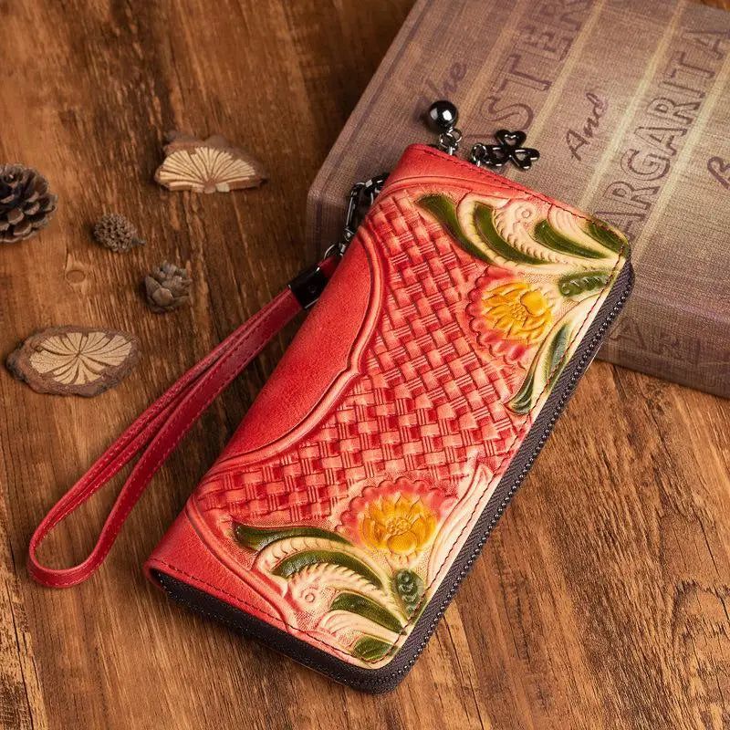 Chic Retro Genuine Leather Wallet for Women - Handmade Embossed Card Holder and Phone Purse