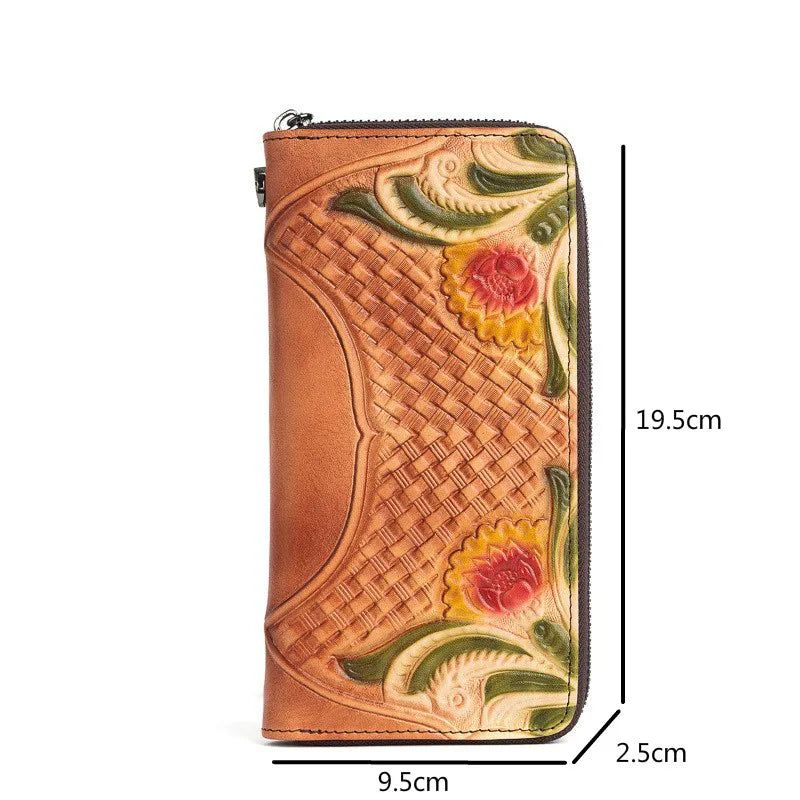 Chic Retro Genuine Leather Wallet for Women - Handmade Embossed Card Holder and Phone Purse