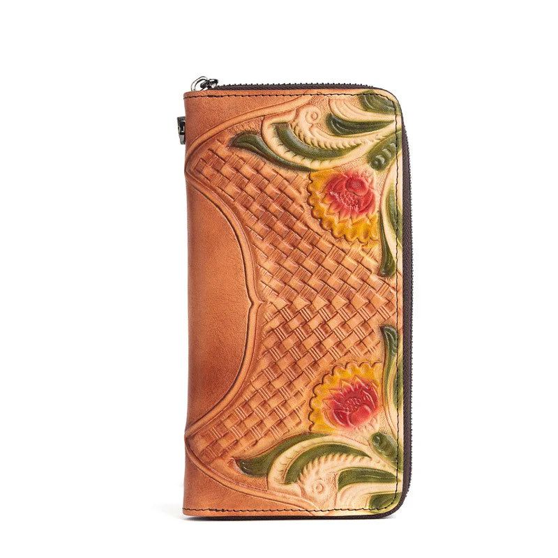 Chic Retro Genuine Leather Wallet for Women - Handmade Embossed Card Holder and Phone Purse