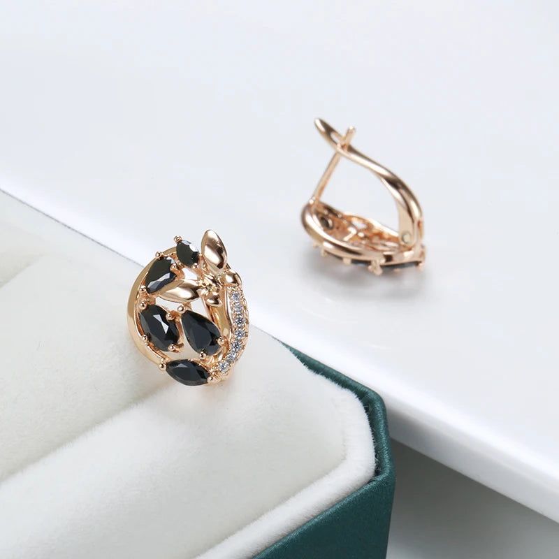 Chic Rose Gold Butterfly Stud Earrings with Black Natural Zircon