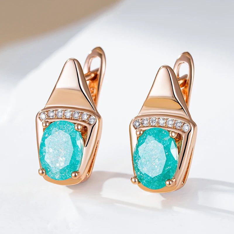 Chic Rose Gold Geometric Drop Earrings with Unique Green Natural Zircon