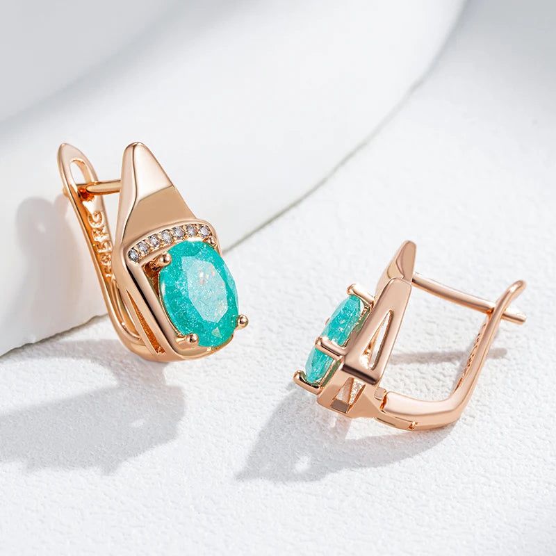 Chic Rose Gold Geometric Drop Earrings with Unique Green Natural Zircon