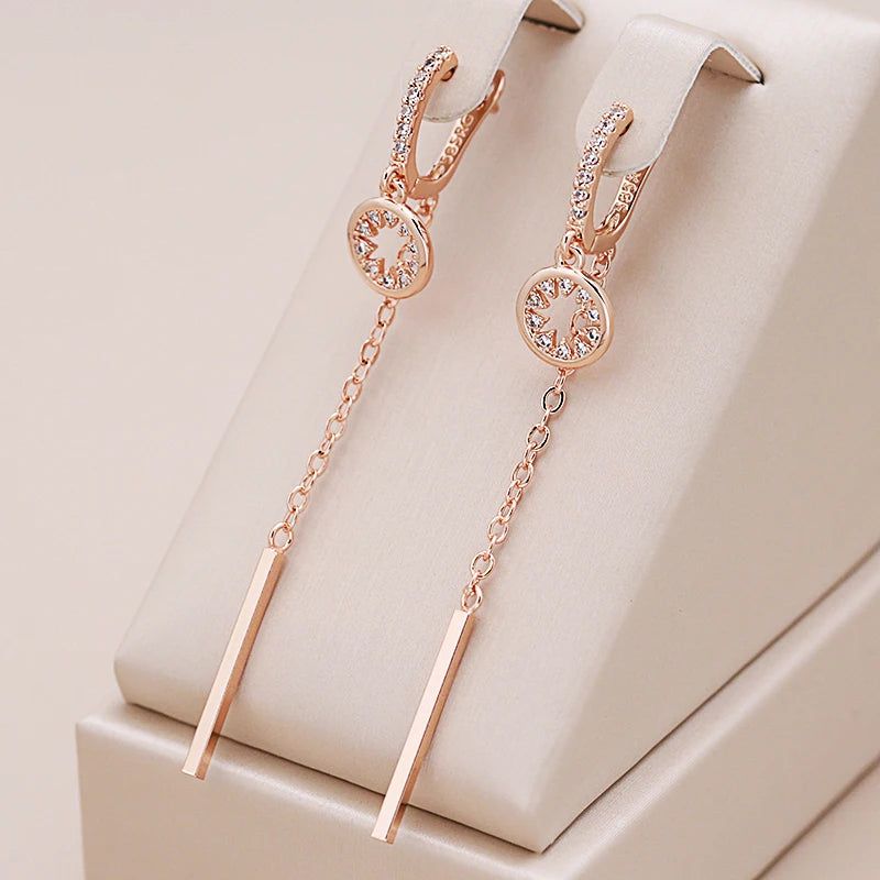 Chic Rose Gold Long Tassel Dangle Earrings with Natural Zircon and Crystal Accents