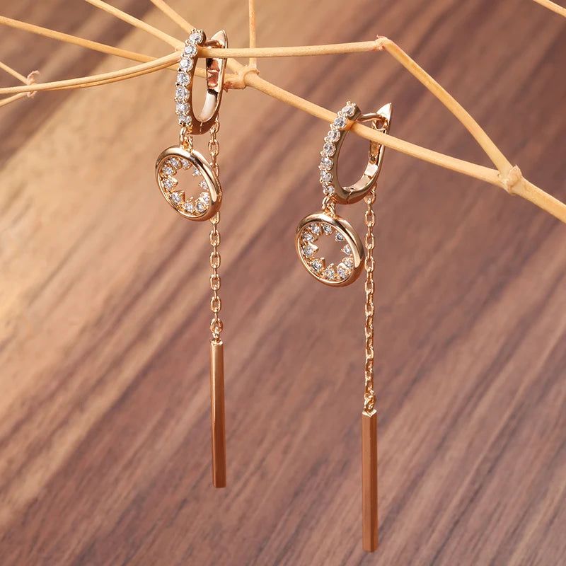 Chic Rose Gold Long Tassel Dangle Earrings with Natural Zircon and Crystal Accents