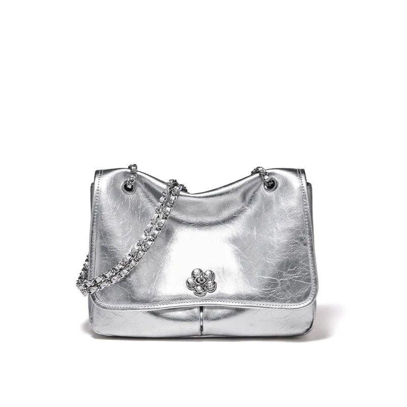 Chic Silver Split Leather Handbag for Women - Versatile Crossbody and Shoulder Bag with Large Capacity