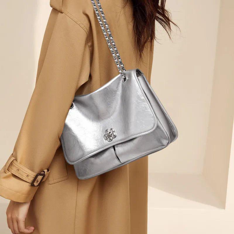 Chic Silver Split Leather Handbag for Women - Versatile Crossbody and Shoulder Bag with Large Capacity