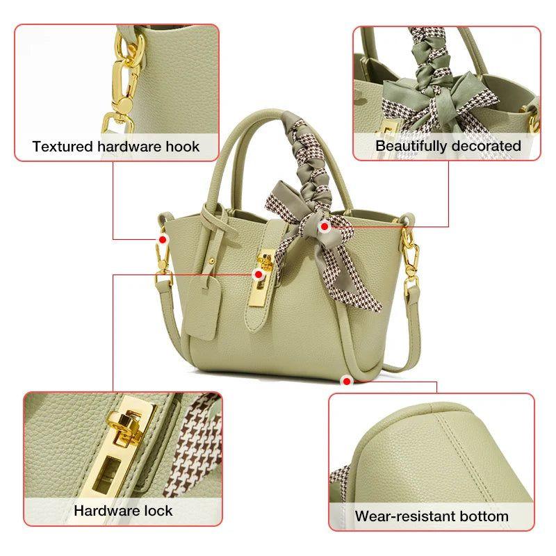 Chic Split Leather Handbag for Women - Versatile Crossbody Tote with Stylish Scarves and Practical Organization