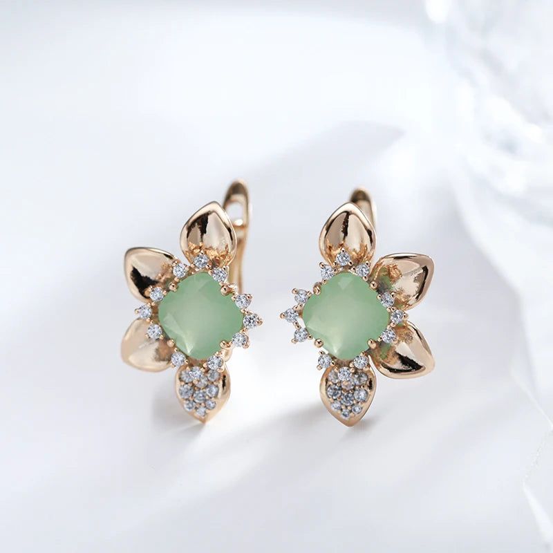 Chic Sunflower Drop Earrings in 585 Rose Gold with Green Natural Zircon