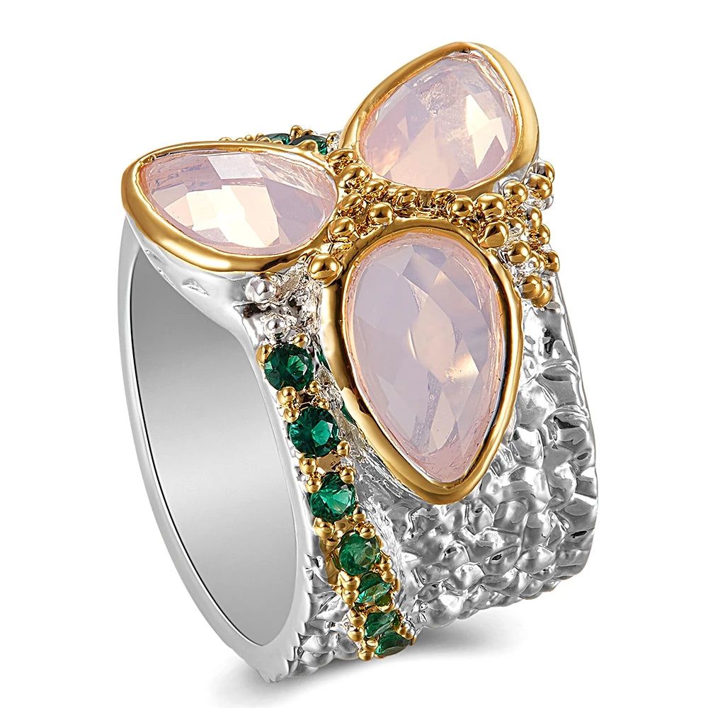 Chic Two-Tone Tri-Zircon Ring with Unique Pink and Green Zirconia