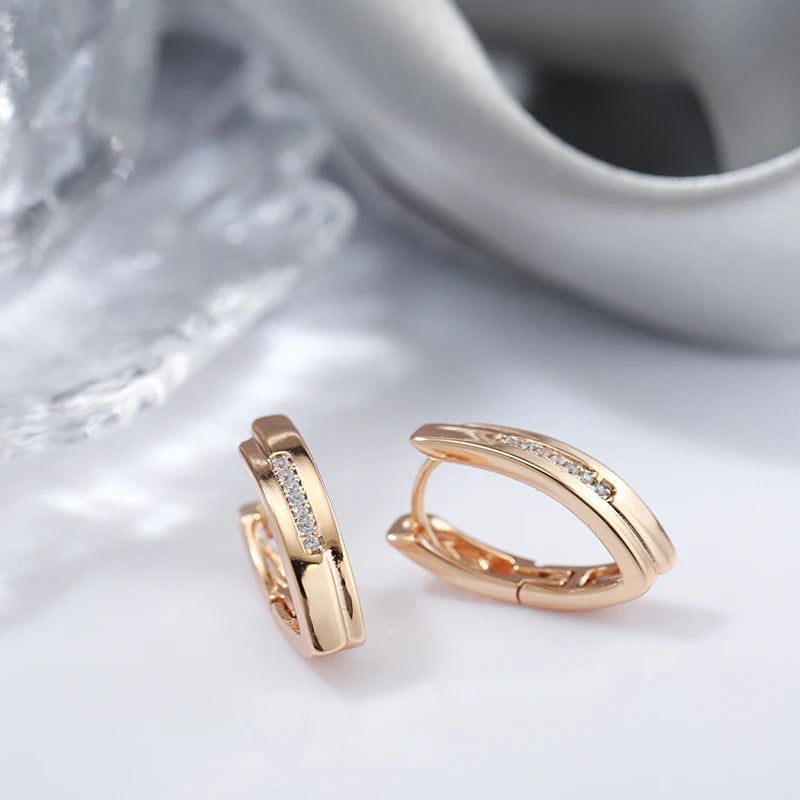 Chic V-Shaped Rose Gold Hoop Earrings with Natural Zircon Accents