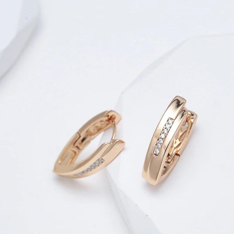 Chic V-Shaped Rose Gold Hoop Earrings with Natural Zircon Accents