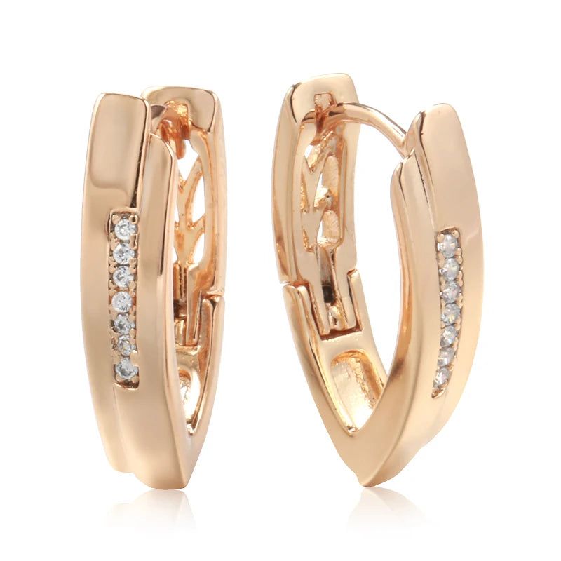 Chic V-Shaped Rose Gold Hoop Earrings with Natural Zircon Accents