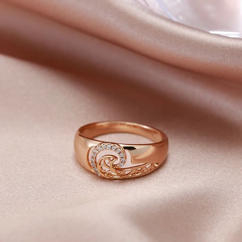 Chic Vintage Geometric Hollow Pattern Ring in 585 Rose Gold with Natural Zircon