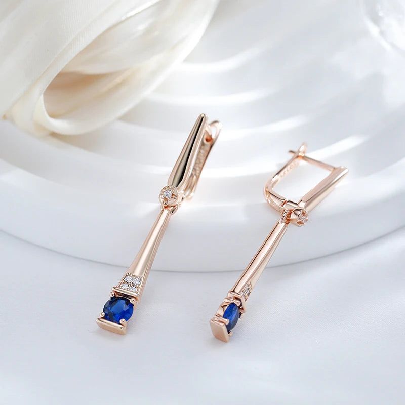 Chic Vintage Rose Gold Geometric Dangle Earrings with Blue Natural Zircon