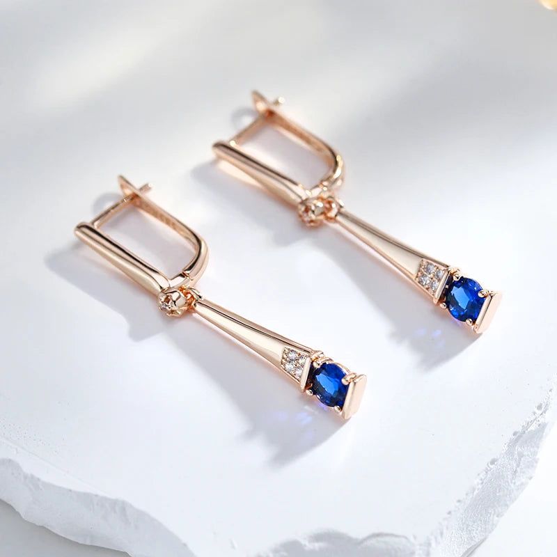 Chic Vintage Rose Gold Geometric Dangle Earrings with Blue Natural Zircon