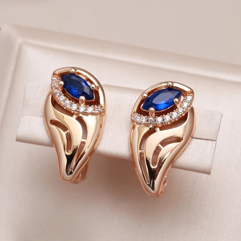 Chic Vintage-Style Blue Zircon Leaf Earrings in 585 Rose Gold