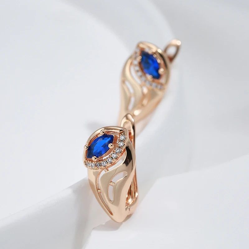 Chic Vintage-Style Blue Zircon Leaf Earrings in 585 Rose Gold