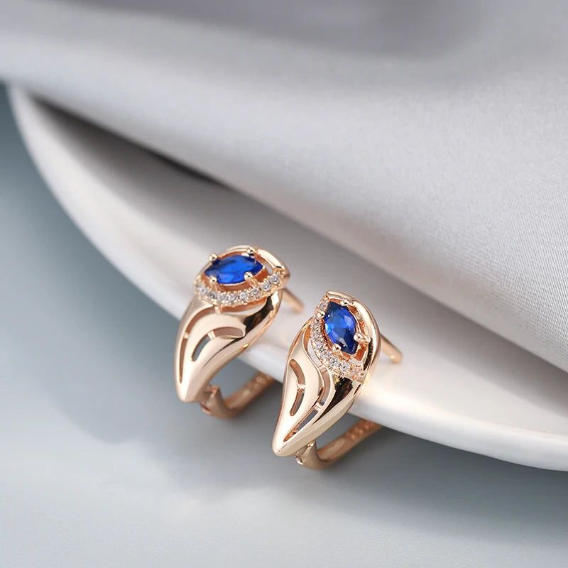 Chic Vintage-Style Blue Zircon Leaf Earrings in 585 Rose Gold