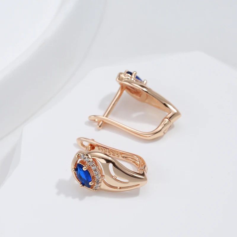 Chic Vintage-Style Blue Zircon Leaf Earrings in 585 Rose Gold