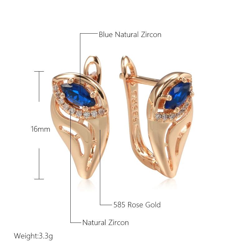 Chic Vintage-Style Blue Zircon Leaf Earrings in 585 Rose Gold