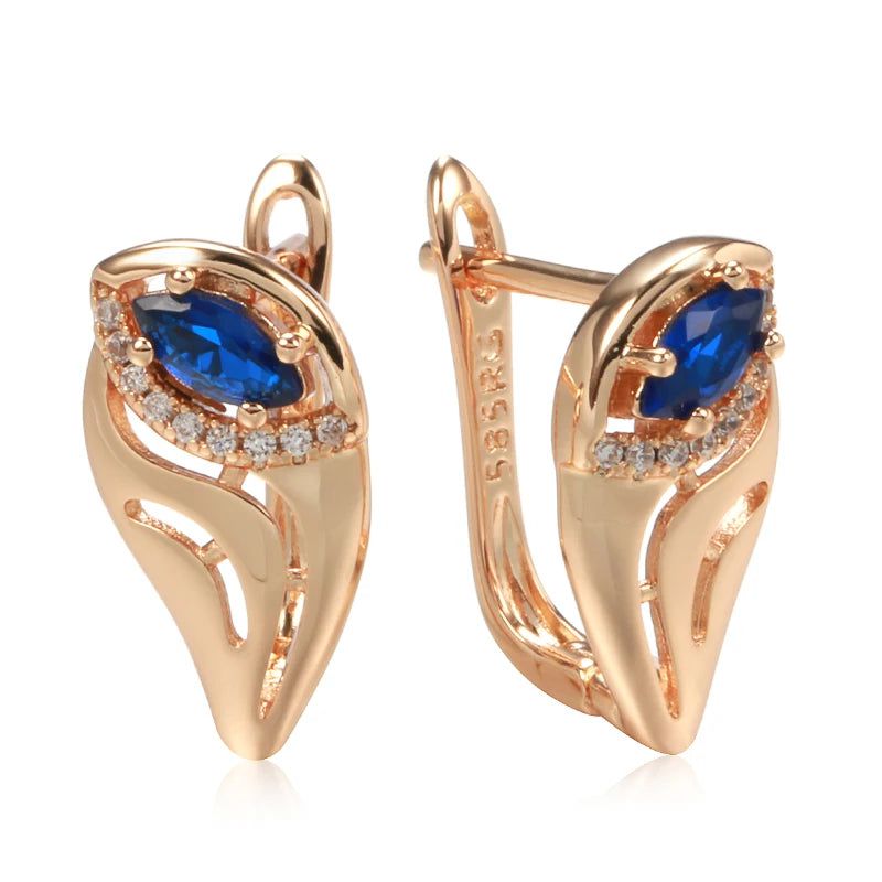 Chic Vintage-Style Blue Zircon Leaf Earrings in 585 Rose Gold