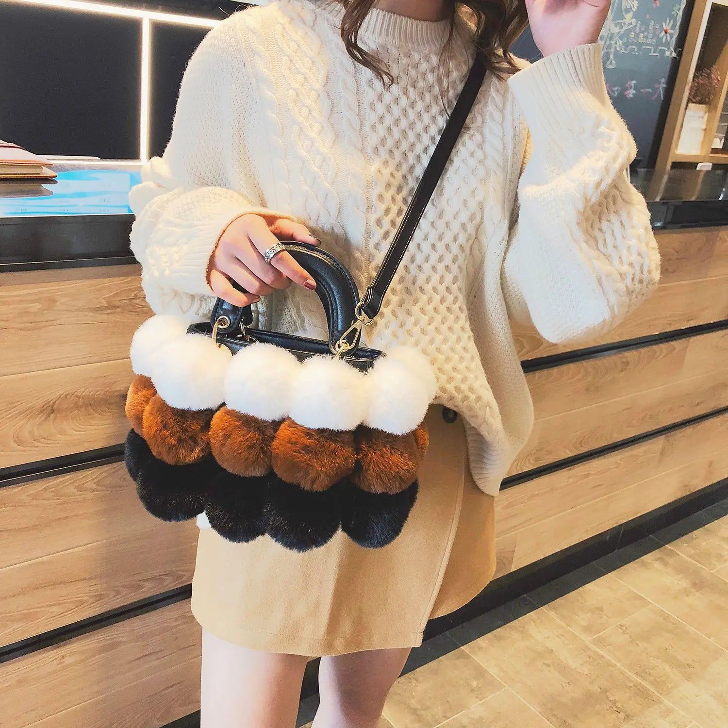 Chic Women's Winter Faux Fur Ball Handbag - Stylish Shoulder Tote for Christmas Gifting