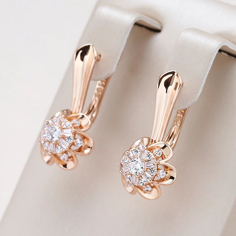 Classic 585 Rose Gold Floral Drop Earrings with Natural Zircon Crystals