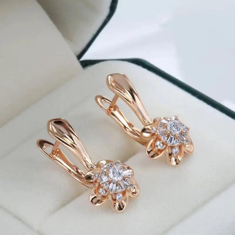 Classic 585 Rose Gold Floral Drop Earrings with Natural Zircon Crystals