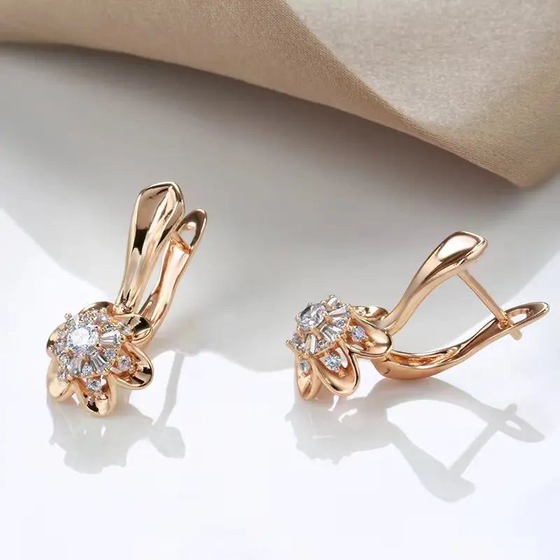 Classic 585 Rose Gold Floral Drop Earrings with Natural Zircon Crystals