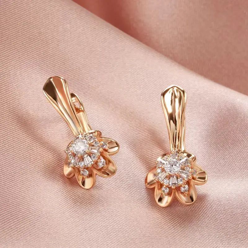 Classic 585 Rose Gold Floral Drop Earrings with Natural Zircon Crystals