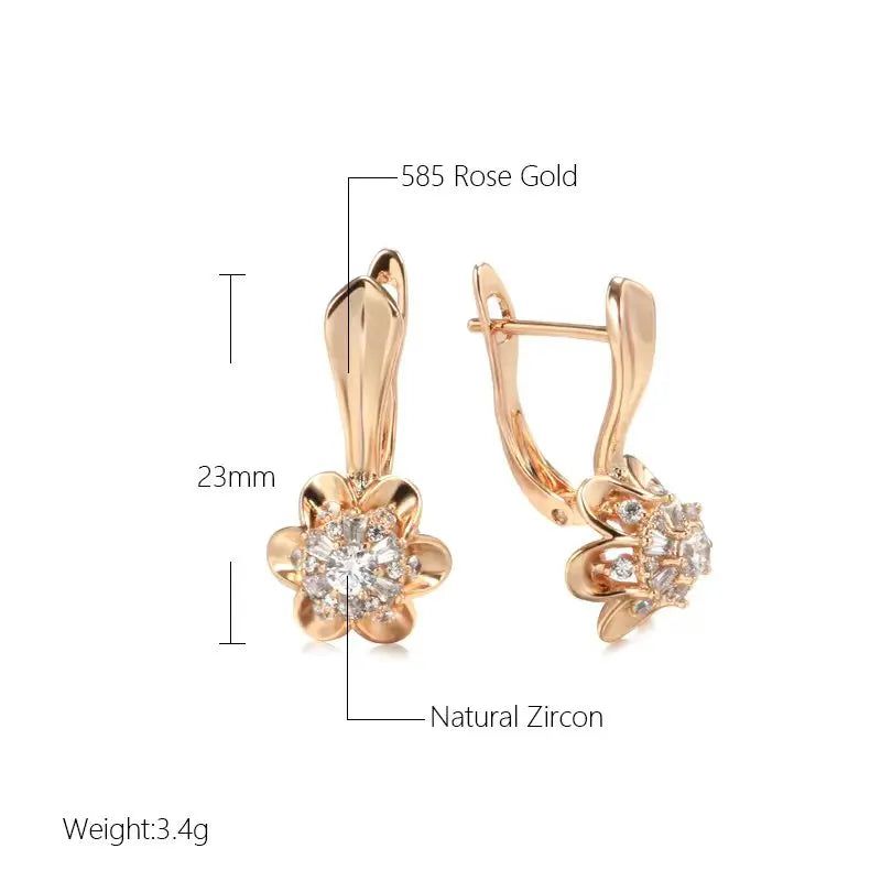 Classic 585 Rose Gold Floral Drop Earrings with Natural Zircon Crystals