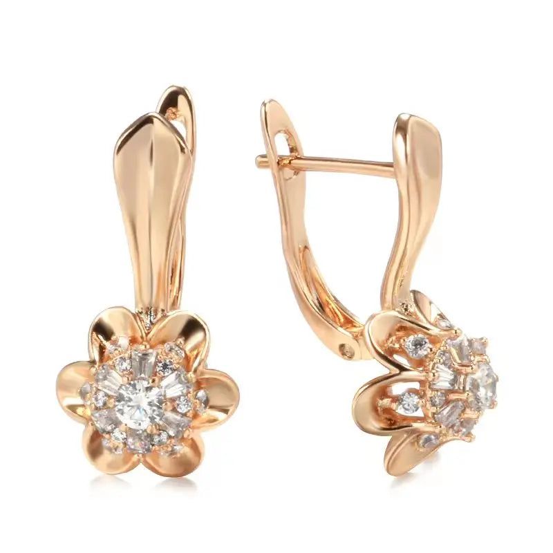 Classic 585 Rose Gold Floral Drop Earrings with Natural Zircon Crystals