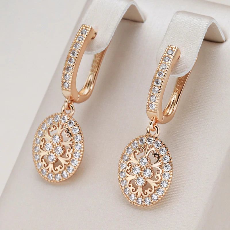 Classic 585 Rose Gold Floral Drop Earrings with Natural Zircon for Bridal Luxury